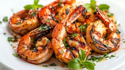 A plate of perfectly grilled prawns, beautifully charred and garnished with fresh herbs, set on a white background for an appetizing presentation.