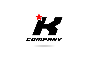 black and white K letter alphabet logo icon design with red star suitable for a business or company