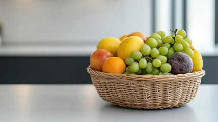 A basket of fresh fruit on the office pantry counter, Healthy office snacks, Wellness-focused workplace