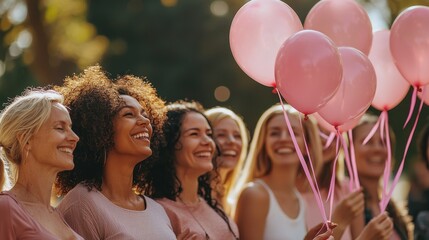 A group of women of all ages standing together in a park each holding a pink balloon with a ribbon attached as they prepare to release them into the sky in honor of Breast Cancer Awareness Month