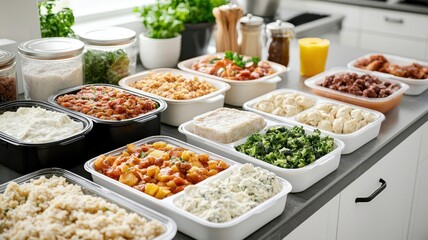 A selection of frozen ready meals arranged on a kitchen counter, Convenient frozen dinners, Meal prep solutions
