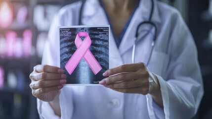 A close-up of a doctors hands gently holding a mammogram image with a pink ribbon sticker on the corner representing care compassion and the importance of early detection