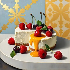 cake with berries and mint. cake with cherries. cheesecake with cherries. fruit cream cake with cream and fruits.