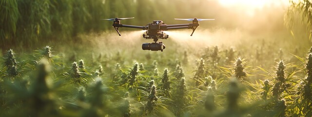 A drone with a camera is flying over a field. The drone's body is colored in gold and black. The background is a blurred green forest, with the sun shining on the scen, tomatoes
