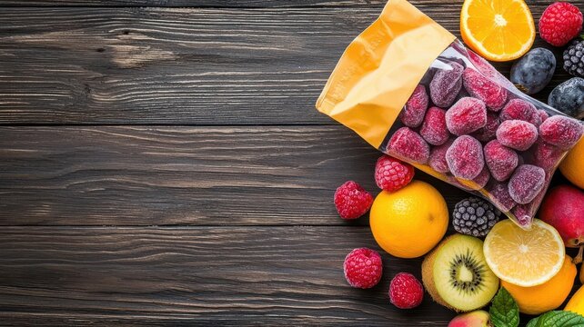 Bag of frozen fruit blend on a wooden table, Frozen smoothie ingredients, Healthy snack preparation