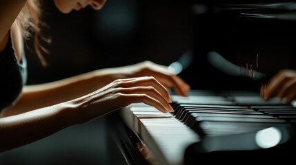 A detailed close-up image of hands gracefully playing the piano, with a focus on the fingers and...