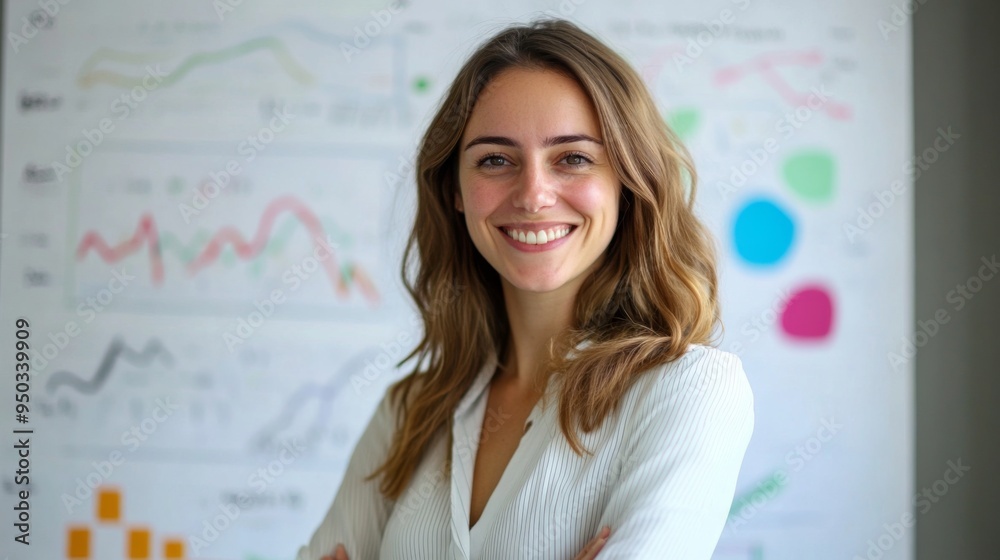 Poster a portrait of a businesswoman smiling confidently in front of a whiteboard with business graphs and 