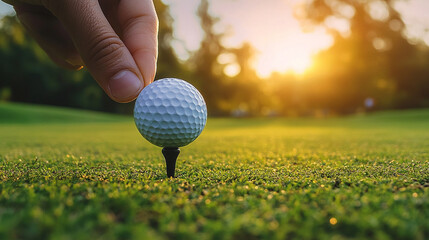hand carefully placing a golf ball on a tee against a blurred background. This image symbolizes precision, preparation, and focus, capturing a moment of calm before action