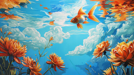 A vivid painting of a goldfish swimming amidst orange flowers and dreamy clouds, capturing a surreal and peaceful atmosphere