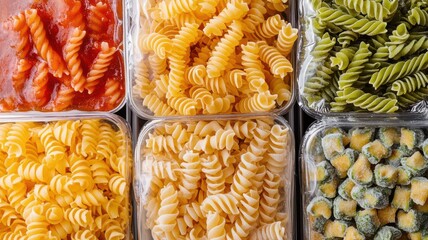 Bag of frozen pasta placed among other frozen meals in a freezer, Frozen meals, Quick and easy dinners