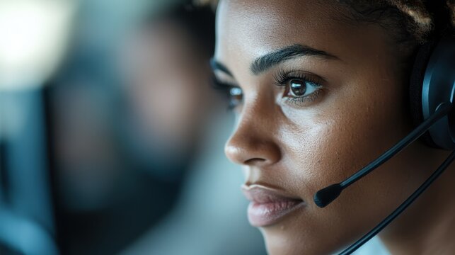 Detailed close-up of a focused woman with a headset, showcasing professionalism and concentration in a customer service or call center environment, highlighting communication skills.