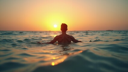 Fototapeta premium Man standing in the middle of ocean watching at sunset. Golden light hour.