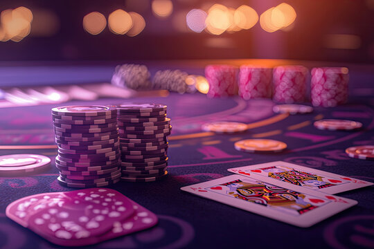 A vibrant baccarat table showcases cards and chips, capturing the thrilling essence of a high-stakes casino atmosphere.