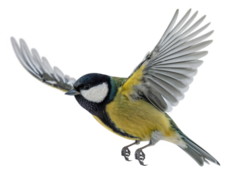 Great tit in flight (Parus major), isolated on transparent background