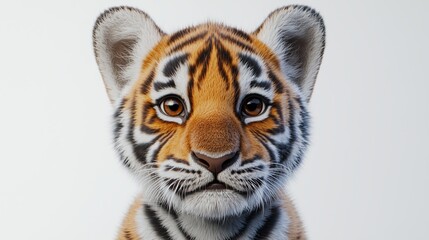 Obraz premium A detailed and realistic close up of a charming tiger cub, showcasing its expressive eyes and fluffy fur. The cub is positioned in front of a pure white backdrop, with bright, even