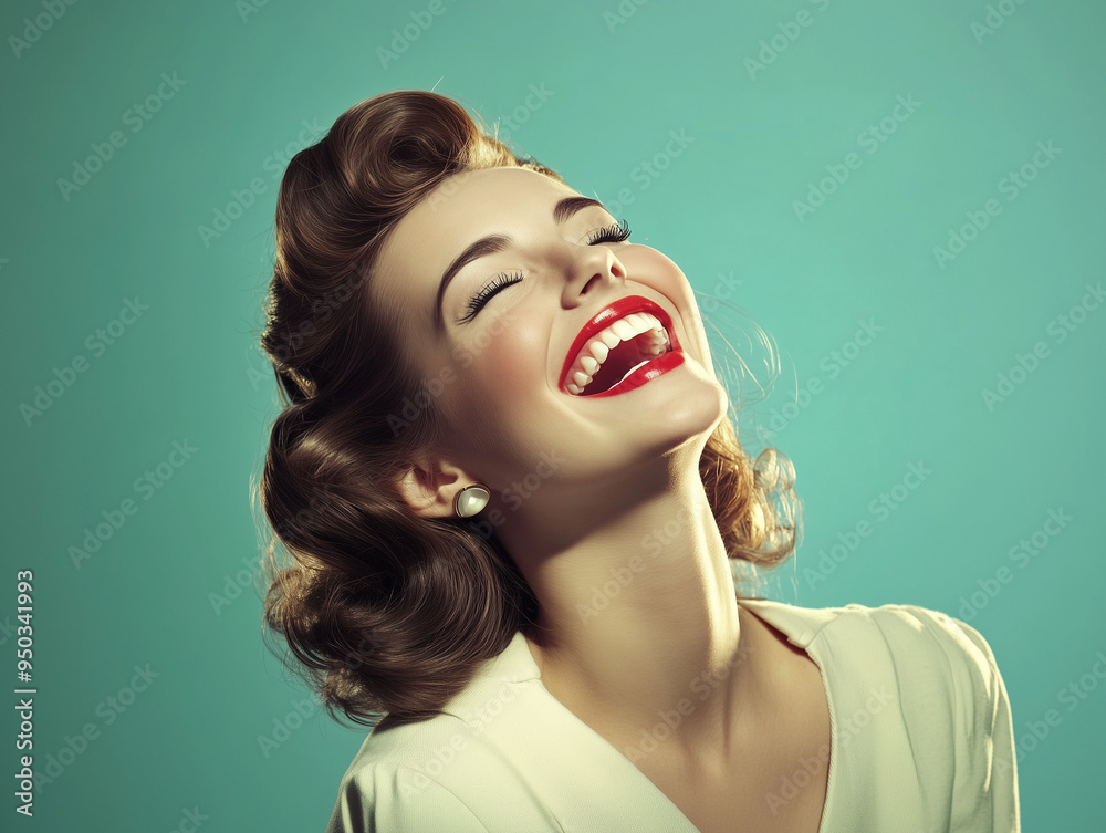 Wall mural vintage-style 1940s portrait of joyful woman with red lipstick laughing