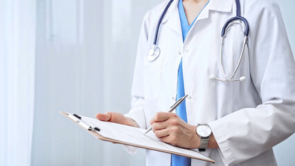 Female doctor taking notes on clipboard. Close-up of a unrecognizable female professional writing...