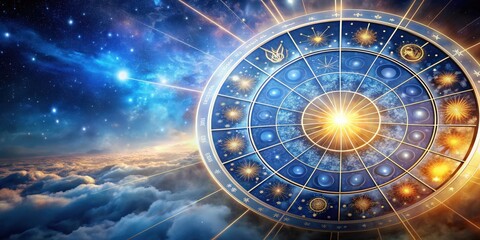 Fototapeta premium Horoscope wheel with zodiac signs on a celestial background, astrology, fortune telling, horoscope