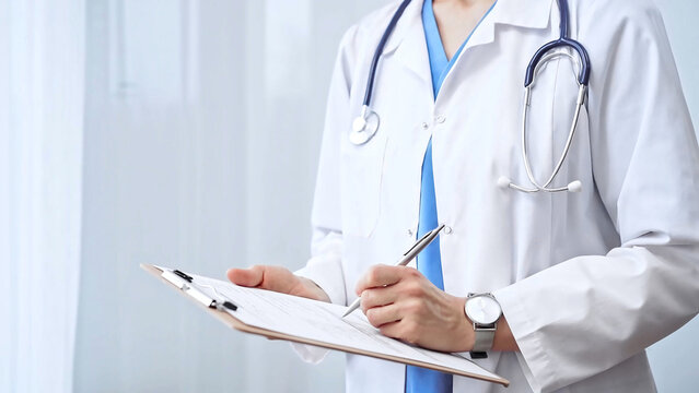 Female doctor taking notes on clipboard. Close-up of a unrecognizable female professional writing and filling up medication history records form - Powered by Adobe