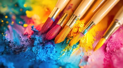 Obraz premium Colorful paintbrushes on vibrant pigments arranged artistically for creative artwork exploration during bright daylight