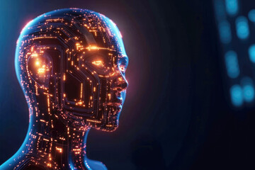 Profile of a glowing digital humanoid head with intricate circuit patterns, symbolizing the synergy between technology and humanity.