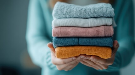 This image displays a neat stack of folded sweaters held in someone's hands, conveying warmth, comfort, and care, against a softly blurred background for a cozy atmosphere.