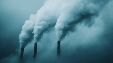 Three large industrial smokestacks are emitting thick, dense grey smoke into a gloomy, overcast sky, symbolizing the heavy toll of industrial pollution on the environment.