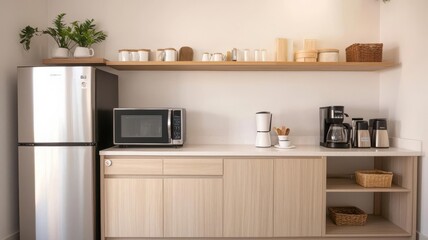 Clean and organized office pantry with a microwave, fridge, and coffee maker, Office kitchen, Workplace organization