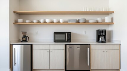 Clean and organized office pantry with a microwave, fridge, and coffee maker, Office kitchen, Workplace organization