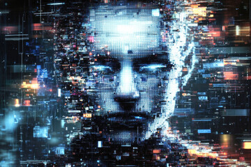An abstract digital representation of a blurred face overlaid with glitch effects in a high-tech matrix-inspired theme.