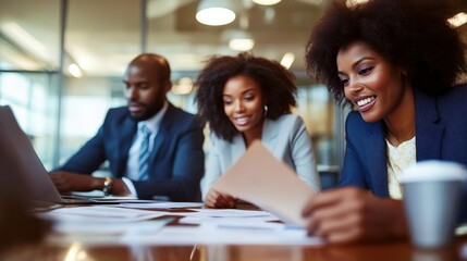 Black Corporate Interviewers Reviewing Resumes Relaxed Expressions Glass-Walled Boardroom