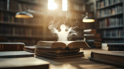 Floating spectral figure in a dimly lit library, eerie old books, haunted knowledge, Halloween spirit