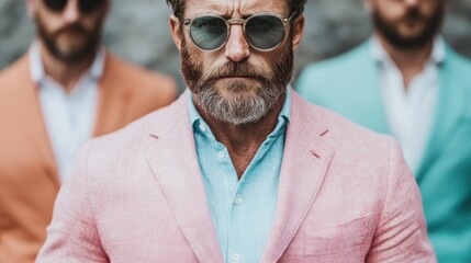 A confident man in a stylish pink suit and sunglasses stands outdoors with a determined expression, flanked by two men in suits, capturing a strong display of style and presence.