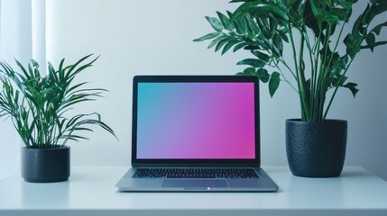 A minimalistic design on a white background featuring a single isolated laptop with a sleek thin profile and a vibrant screen display set against a clean backdrop