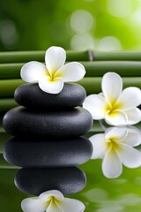 A tranquil spa setting with bamboo, flowers, and hot stones, all captured in soft, natural lighting to evoke serenity