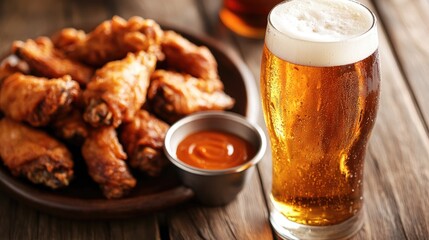 Pint of golden beer with foam next to a plate of fried chicken wings and dipping sauce on a rustic wooden table
