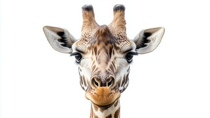 A detailed and realistic close up of a giraffe, showcasing its distinctive long neck and patterned coat. The giraffe is positioned in front of a pure white backdrop, with bright,