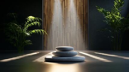 A tranquil wellness space with bamboo, smooth hot stones, and fresh flowers, illuminated by soft, natural lighting