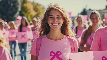 A pink ribbon campaign scene with a group of women wearing pink shirts holding banners and walking together in solidarity promoting Breast Cancer awareness