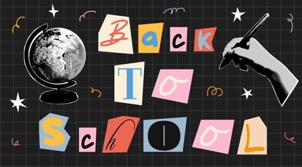 Back to school banner with cut out letters. School collage elements in retro halftone style. Trending collage style. Concept for school, college and study. Books and alarm clock with doodle elements