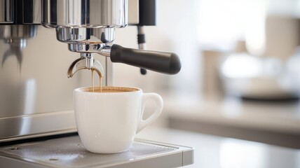 Close-up of a coffee machine brewing in the office pantry, Coffee preparation, Morning office routine