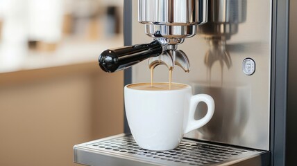 Close-up of a coffee machine brewing in the office pantry, Coffee preparation, Morning office routine