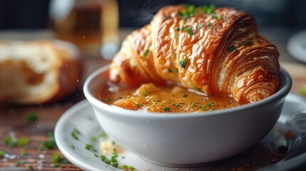 Gourmet food items presented on a table, including baked goods and soup in bowls.