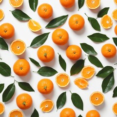 Fresh orange with green leaves on white. Food background. Top view