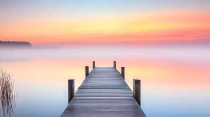Fototapeta premium A peaceful lakeside dock at dawn, with still waters reflecting the soft pink and orange hues of the sky