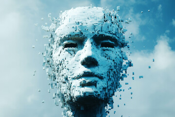 A human face pixelating and dissolving against a beautiful sky backdrop, symbolizing the merging of humanity and digital realms.