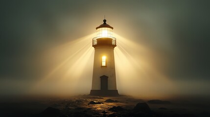 Haunted lighthouse with ghostly apparitions, eerie beams of light, unsettling and spooky Halloween concept