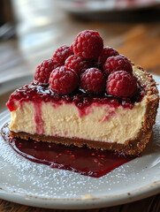 slice of raspberry cheesecake on white plate