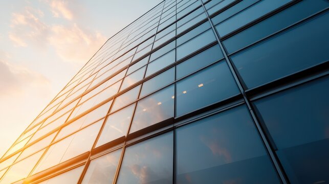 A striking modern glass building reflecting the golden morning sunlight, capturing the architectural elegance and urban atmosphere of the surroundings in a mesmerizing view.
