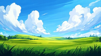 Obraz premium Summer Fields and Hills Landscape with Green Grass and Blue Sky with Clouds in Flat Style Cartoon Illustration